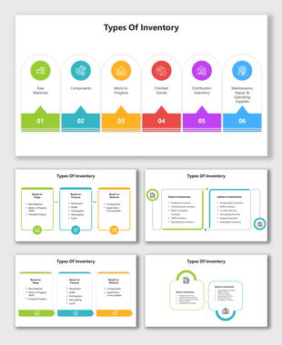 Types of Inventory slides with icons, color blocks, arrows, and comparison layouts for clear classification visuals.