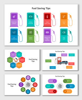 Colorful infographic showing pump icons, car care visuals, hex tips, radial tips, and vehicle-focused fuel advice.