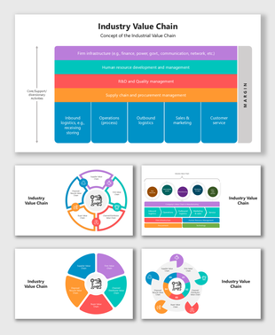 Industry Value Chain slides with circular diagrams, stacked blocks, icons, and flow visuals for process breakdown.
