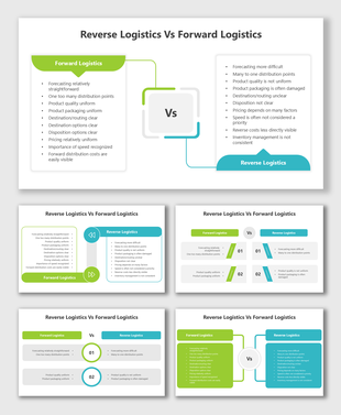 Reverse Logistics Vs Forward Logistics slides with green-blue blocks, Vs icons, bullet points, and mirrored layouts.
