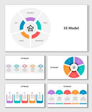 5S Model slides with circular and horizontal layouts, colorful steps, icons, and text blocks for workplace efficiency.