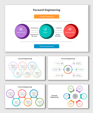 Forward Engineering flow with 3 main circles and 6 colorful steps showing design, code, and implementation stages.