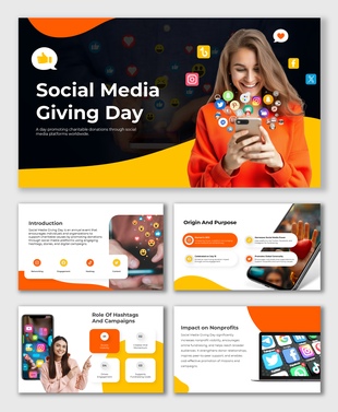 Social Media Giving Day slides with social icons, phone visuals, hashtags, charity info, and orange design.