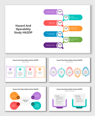 Hazard And Operability Study HAZOP flow with 6 phases, purpose icons, process steps, and pros-cons blocks.