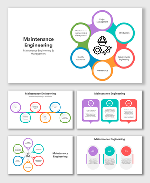 Maintenance Engineering diagram with icon center, colorful circular nodes, skills, text holders, and clean layout.