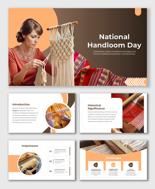 National Handloom Day slides with weaver, fabric visuals, brown-orange theme, and circular layout for awareness.