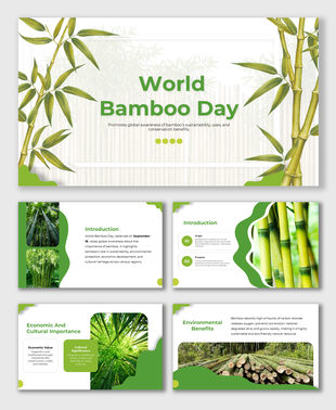 World Bamboo Day slides with bamboo images, green-white theme, rounded shapes, text blocks, and photo holders.