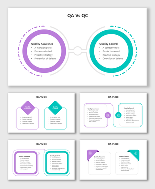 QA Vs QC slides with purple-teal shapes, icons, text boxes, bullet points, and side-by-side visual comparisons.