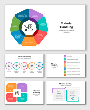 Material Handling slides with icons, colorful diagrams, timelines, tips, pros and cons shown in clean modern layouts.