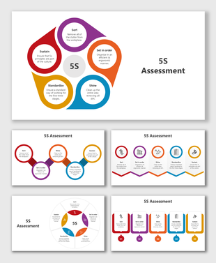 5S Assessment slides with colorful loops, icons, arrows, wheels, and numbered blocks showing five lean steps clearly.
