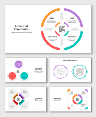 Industrial Economics slides with colorful circles, icons, and quadrant layouts showing scope, roles, and definitions.