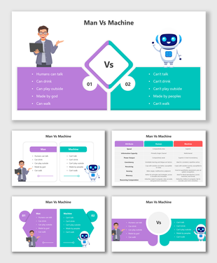 Man Vs Machine slides with human-robot icons, charts, arrows, and colorful blocks comparing traits and capabilities.