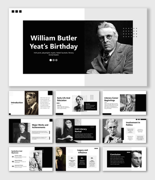 Monochrome slides of William Butler Yeats with vintage portraits, minimalist layout, clean text blocks, and modern design.