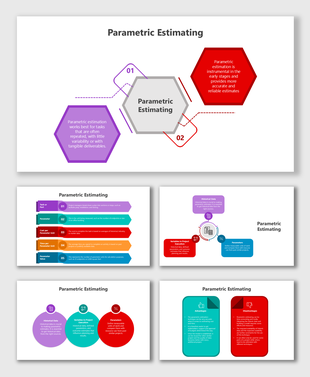Parametric Estimating slides with colorful shapes, icons, hexagons, text boxes, steps, pros and cons layout.
