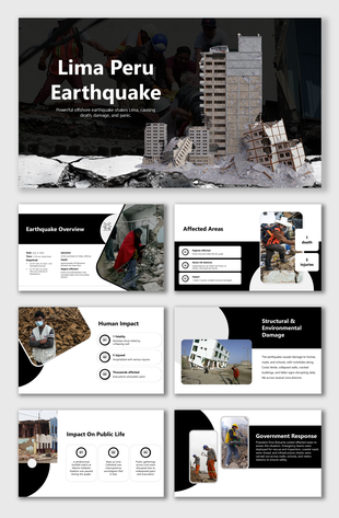 Lima Peru Earthquake slide with map, red zones, icons, text blocks, and visuals showing impact, data, and response.