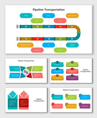 Pipeline Transportation slides with colorful pipes, fluid types, pros-cons, curved shapes, and bold text holders.