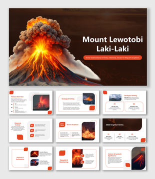Mount Lewotobi Laki Laki slides with lava visuals, red-orange theme, eruption data, hazards, and cultural details.