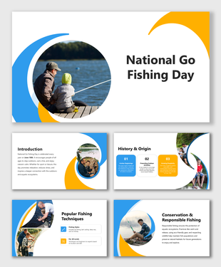 National Go Fishing Day slides with fishing images, bold text, blue-orange shapes, and clean modern layout.