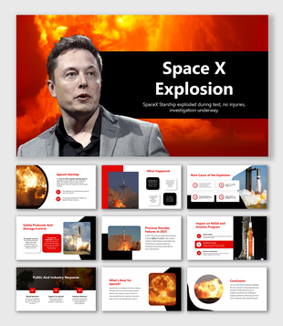 Space X Explosion slides with fire visuals, red-black layout, image blocks, Elon Musk, causes, and safety updates.