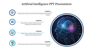 Artificial intelligence-themed slide featuring a digital wireframe of a human head and four icon-based captions areas.