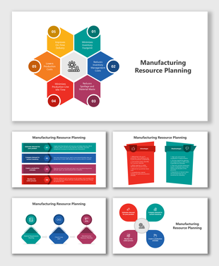 Manufacturing Resource Planning slides with colorful blocks, flow diagrams, icons, charts, and planning process visuals.