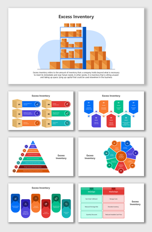 Excess Inventory with boxes, charts, icons, pyramid, pros and cons, vibrant colors, and infographic shapes.