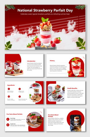National Strawberry Parfait Day slides with red theme, parfait photos, fun facts, health tips, and ingredient visuals.