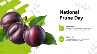 National Prune Day slide with purple prunes, green shapes, leaf art, health tips, and clean white text layout.