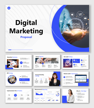 Digital Marketing slides with blue theme, charts, SEO steps, goals, audit, icons, and photo placeholders.