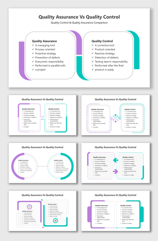 Quality Assurance Vs Quality Control comparison in white slides with purple & teal text boxes and rounded corner shapes.