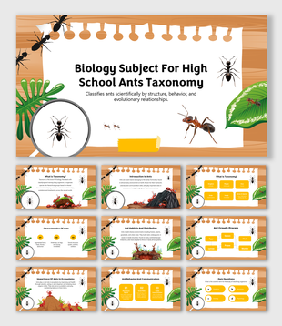 Ant taxonomy slide deck with wood theme, insect visuals, lifecycle charts, quiz boxes, leafy props, and pinned paper layout.