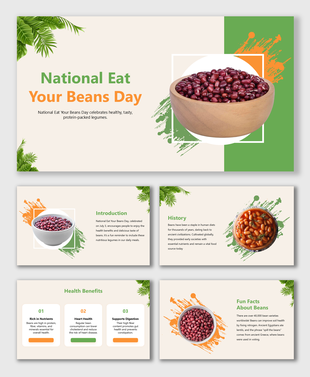 A National Eat Your Beans Day presentation template with bean graphics, covering benefits, history, and fun facts.