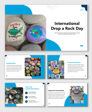 A presentation template for International Drop a Rock Day, featuring painted rocks with positive messages.
