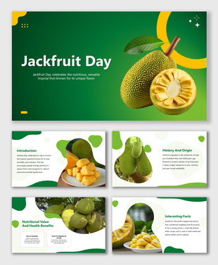 A presentation template for Jackfruit Day, with illustrations and photos of jackfruit and its health benefits.