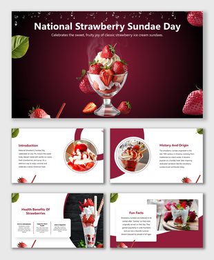 A presentation template for National Strawberry Sundae Day, with photos of delicious sundaes and fun facts.
