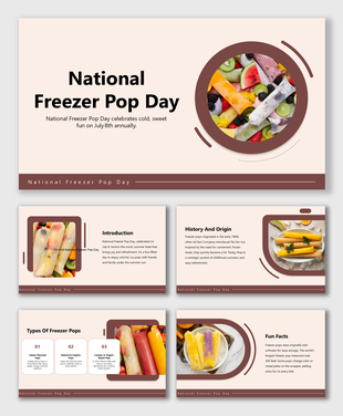 Colorful freezer pops with fruit in rounded frames, pastel layout, and clean sections for types and fun facts.