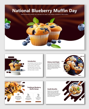 Blueberry muffins with berries in modern layout, featuring graphic accents and sections for recipe, history, and benefits.
