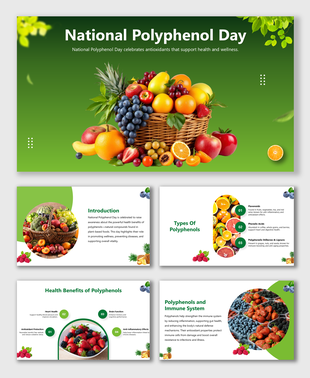 Fruit basket on green layout with vibrant images and sections highlighting polyphenol types, benefits, and immunity tips.
