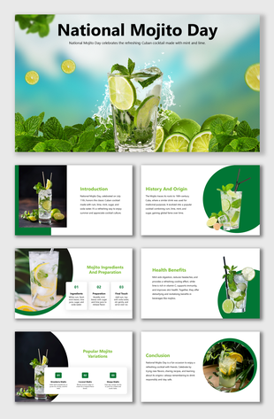 Glass of mojito with mint and lime surrounded by slides showcasing recipe, benefits, and variations.