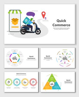 Quick Commerce shows delivery flow, service types, models, factors, and customer journey in clean vector layouts.