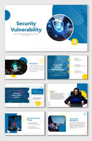 Cybersecurity slides with shields, hackers, tech graphics, futuristic visuals, and digital effects.