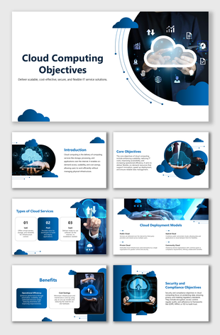 Cloud Computing Objectives slides with cloud icons, blue-white tones, modern shapes, and editable business text areas.