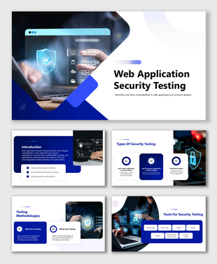 Web Application Security Testing slides with shields, locks, blue-white tones, modern shapes, and editable text areas.