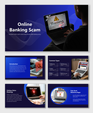 Online Banking Scam slides show laptops, warnings, fraud alerts, scam types, phishing, vishing, fake apps in blue theme.