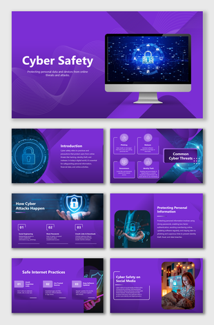 Cyber Safety slides with purple theme, lock icons, text, images of devices, showing online threats & safe practices.