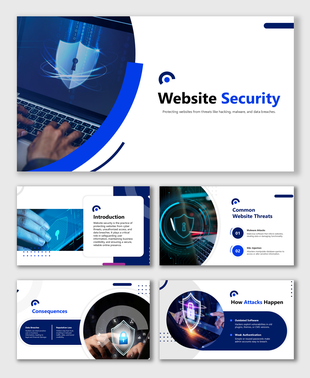 Website Security slides with shield, lock icons, blue theme, text holders, shapes showing threats, attacks, effects.