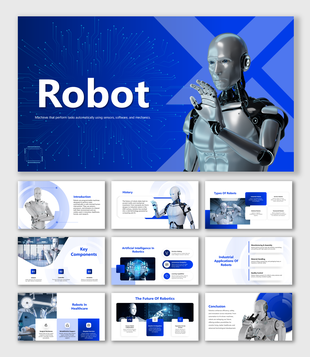 Robot with blue theme, circuits, shield icons, glowing effects, shapes, and text holders showing AI, tasks, and security.