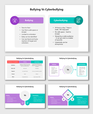 Bullying Vs Cyberbullying PPT with purple-teal design, icons, tables, VS graphics, text blocks, and infographic shapes.