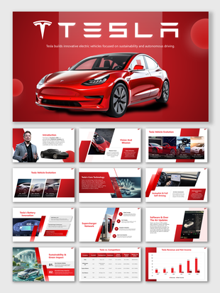 Tesla car presentation slides showcasing innovation, battery tech, self-driving, and market comparison.