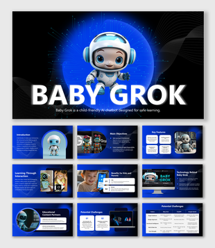 Baby Grok slide deck with cute robot, tech layout, device mockups, learning visuals, and comparison tables.